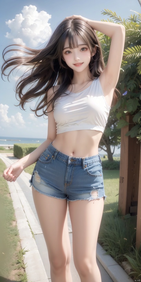  (((best))),8k,UHD,((masterpiece)),1girl,solo,full body,sliver hair,Depth of field,outdoors,shorts,sky,long hair,cloud,navel,falling leaves,cutoffs,arms up,crop top,smile,grass,windmill,midriff,day,black shorts,long sleeves,floating hair,stomach,wind,blue sky,standing,open mouth,shirt,short shorts,denim,white hair,white shirt,yellow eyes,torn shorts,feet out of frame,looking at viewer,denim shorts,leaf,thighs,((poakl)),lovely,