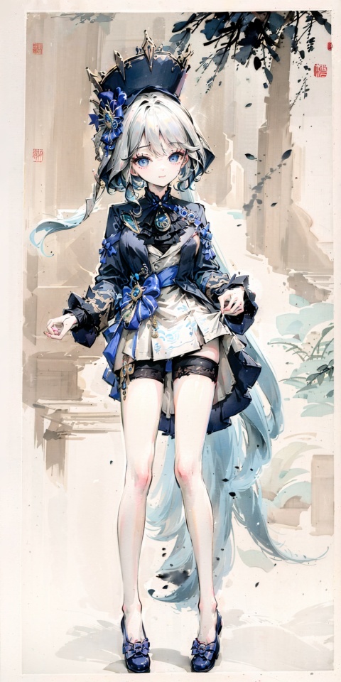 masterpiece, best quality, ,1girl,hat,long hair,ahoge,multicolored hair,low ponytail,blueeyes,ascot,brooch,longsleeves,jacket,bluebow,gloves,whiteshorts,thighstrap,standing,smile,(whiehair:1.2),full_body,鞋,shoe,(high heels),panda,Shen Mengxi's painting "Qianli Jiangshan" depicts a landscape in the style of the Song Dynasty