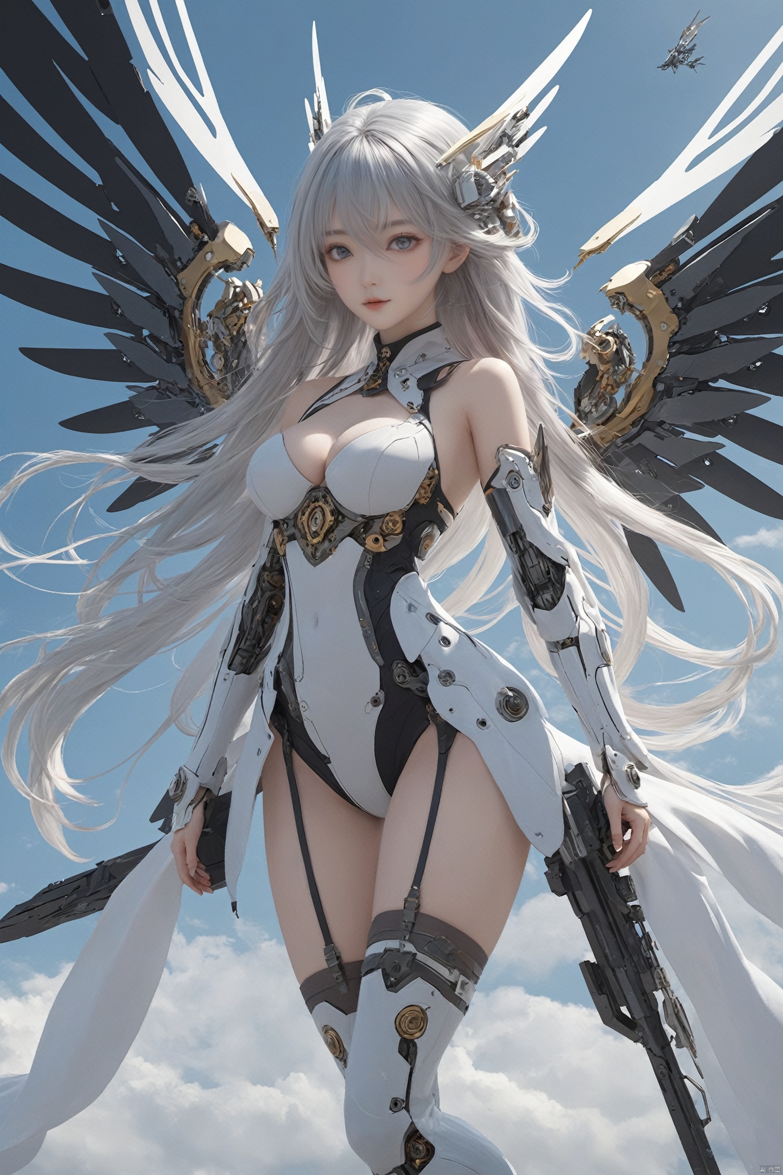  ((masterpiece)), ((best quality)), ((illustration)), extremely detailed,1 girl,mecha clothes,, big breasts,Dark white very_long_hair, scifi hair ornaments, beautiful detailed deep eyes, beautiful detailed sky, cinematic lighting, wind,Mechanical wings, thighhighs, onnk