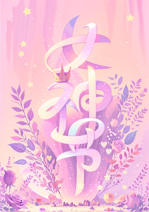  Pink, purple, white, dreamy, watercolor style, illustration, roses, crowns, hearts, stars, sweet, great works, 8k, clear picture quality, rich in detail, backlight, colors