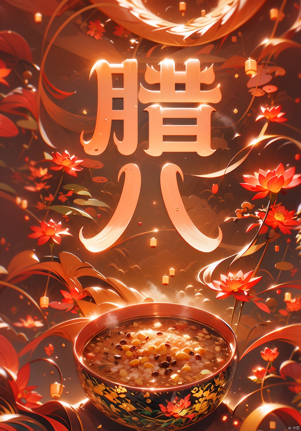 Rice, porridge, red beans, polka dots, hot air, steam, Chinese style, rice, bowl, Job's tears, lotus seeds, warm, movie texture, movie cg, 8k, excellent picture quality, great works, clear details, rich details, (\long yun heng tong\), cndstyle, chinese new year