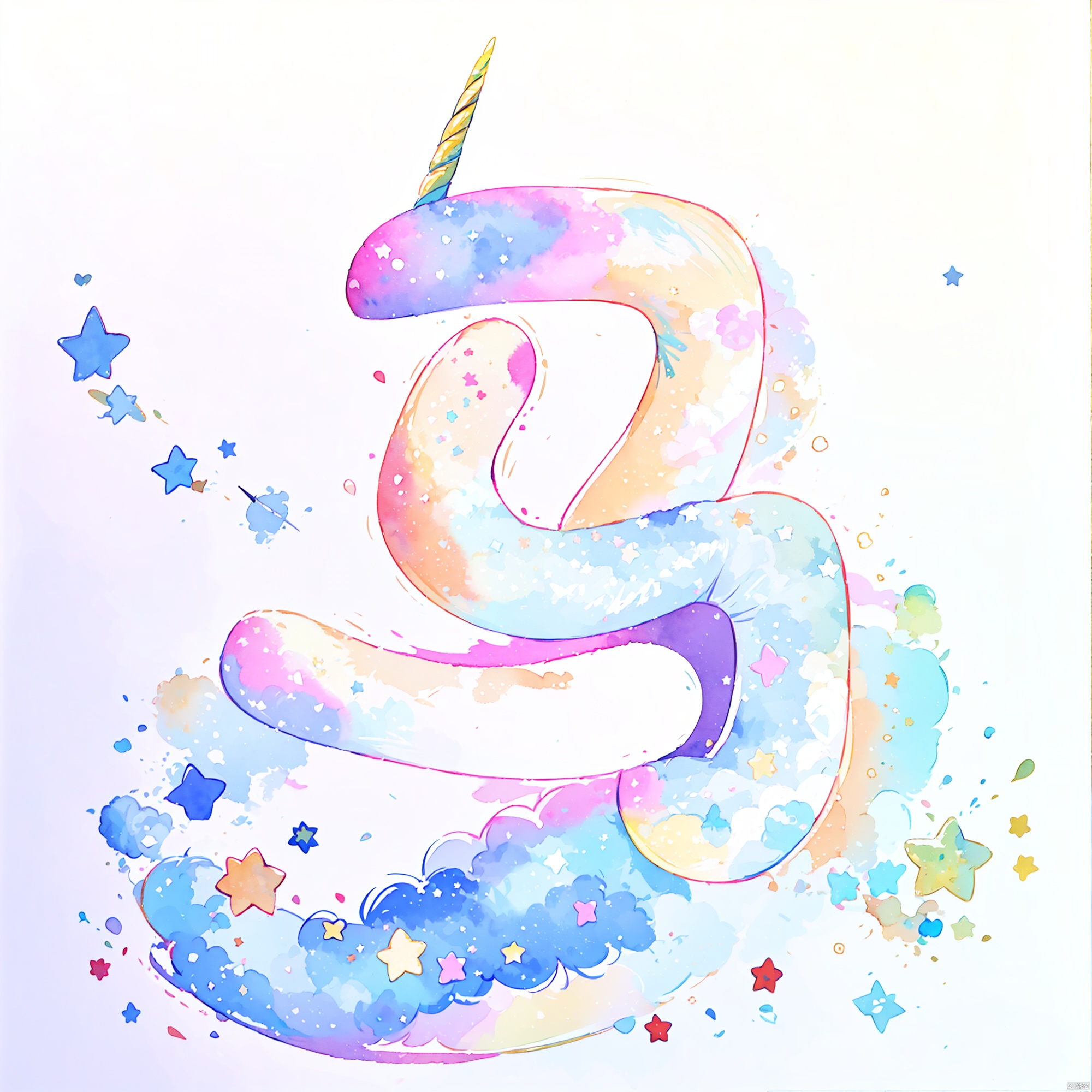  The a unicorn, gradient color, fine lustre, whitebackground, studio lighting, light, color, rainbow, color rich, colorful, stars, lovely, cartoon, children's painting, 8 k, great work, the image quality is clear, Rich in details, watercolor \(medium\), backlight