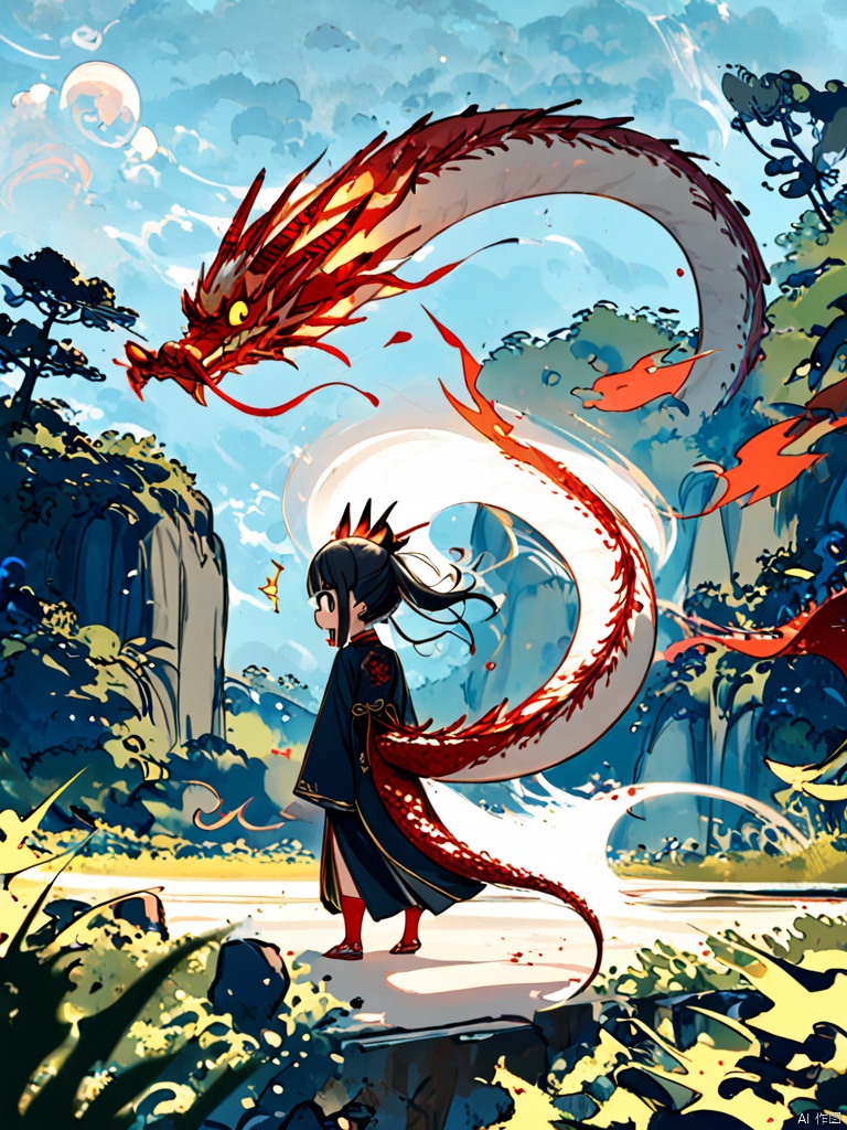  Loong,1girl,solo,looking at viewerblack,hairred eyeslong sleeves,standing,Chinese clothes,tail,tail,outdoors,behind her,a huge ghost Chinese dragon Head,surprised eyes,(dragon girl:1.3),loong,, loong