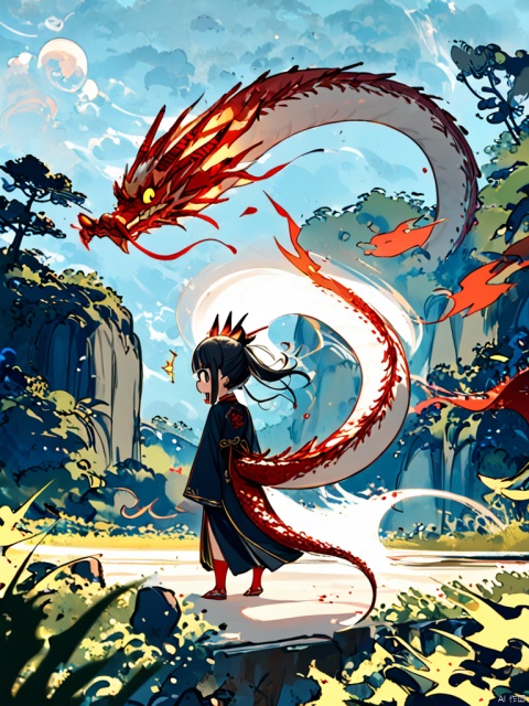  Loong,1girl,solo,looking at viewerblack,hairred eyeslong sleeves,standing,Chinese clothes,tail,tail,outdoors,behind her,a huge ghost Chinese dragon Head,surprised eyes,(dragon girl:1.3),loong,, loong