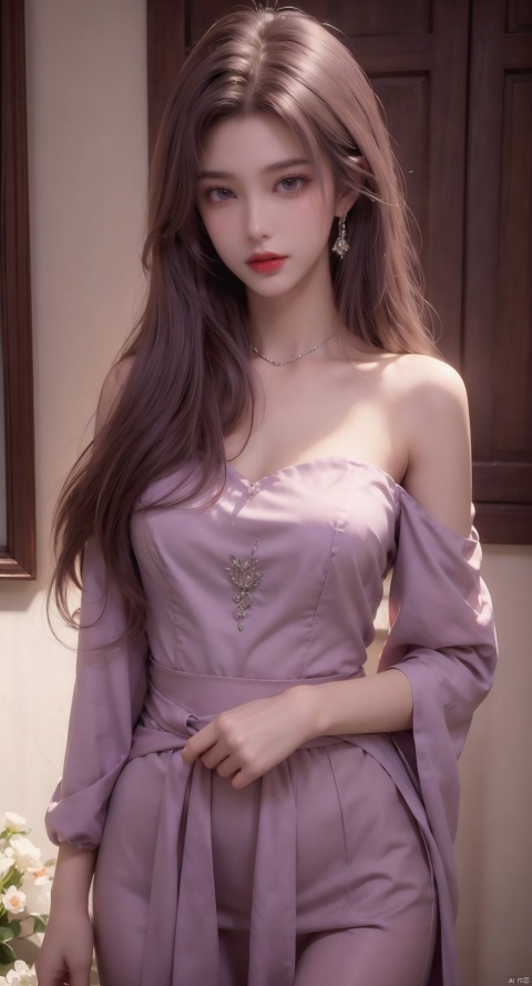  (masterpiece, best quality, best shadow,official art, correct body proportions, Ultra High Definition Picture,master composition),(best hands details:1.2),bust, //////1 girl, pale hair, long hair to the waist, hair in front of the forehead, only upper body, beautiful eyes, standing posture, wearing dress, gorgeous dress, double diamonds, jewelry, flowers, bare shoulders, dress, skirt behind the skirt, bare thighs, high heels, gorgeous skirt, sexy, model pose, futuaner, purple