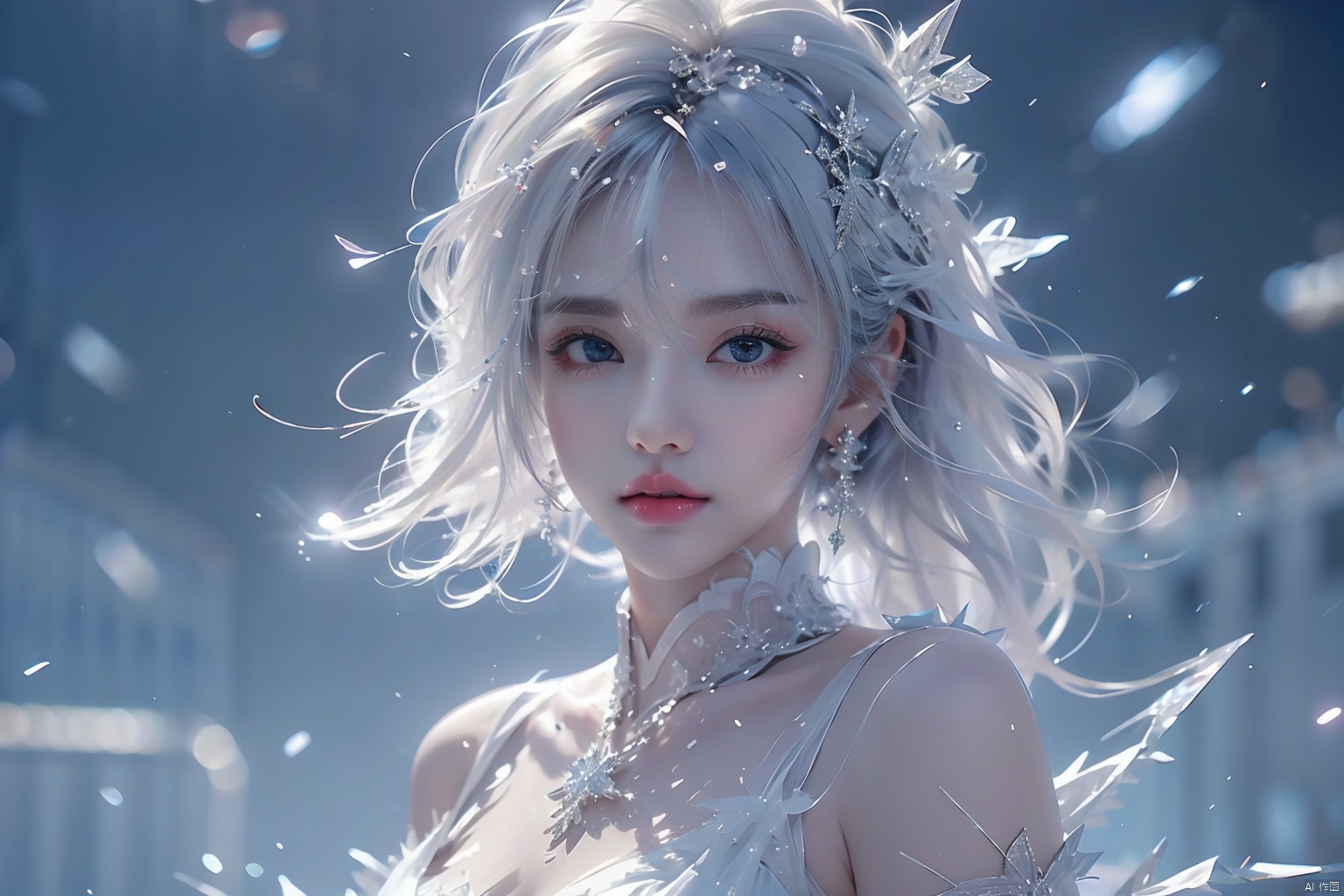  ((best quality)), ((masterpiece)), ((ultra-detailed)), extremely detailed CG, (illustration), ((detailed light)), (an extremely delicate and beautiful), a girl, solo, ((upper body,)), ((cute face)), expressionless, (beautiful detailed eyes), full breasts, (medium breasts:1.2), blue dragon eyes, (Vertical pupil:1.2), white hair, shiny hair, colored inner hair, [Armor_dress], blue_hair ornament, ice adorns hair,depth of field, [ice crystal], (snowflake), (\shuang hua\)