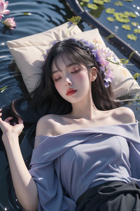  From above,1girl,Headwear,Medium chest,onstomach,dusk,absurdres,highres,best quality,realistic,a pretty girl,off-shoulder_dress,mamian skirt,long hair,long black hair,straight hair,lying on the surface of the water,sleeping on a surface full of lotus flowers,violet and blue dresses, wangyushan, mLD, FUJI,Appropriate lighting and shadow,RAW photo, 1girl, (\shuang hua\)