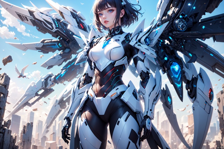  1girl,concept artwork,black hair,(a lonely solo girl:1.4),sky,wing,wings with fans,graphics card fan,strong male mecha warrior,mighty and domineering,cool mecha,32k,blue and white color scheme,white armor,white_background,standing,cowboy_shot,