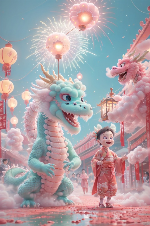  (The best quality, masterpiece), soft lighting, a dragon, Spring Festival, carrying lanterns, silly smile, silly expression, fireworks, lively streets, xxhanfu_halo_nhhyxx