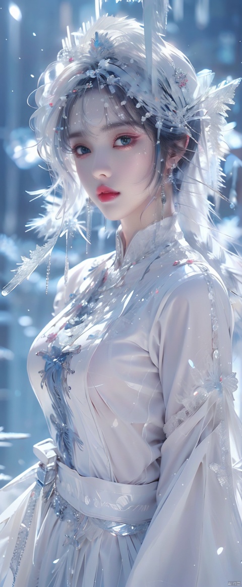  (ice), ((best quality)), ((masterpiece)), ((ultra-detailed)), extremely detailed CG, (illustration), ((detailed light)), (an extremely delicate and beautiful), a girl, solo, ((upper body,)), ((cute face)), expressionless, (beautiful detailed eyes), full breasts, (medium breasts:1.2), blue dragon eyes, (Vertical pupil:1.2), white hair, shiny hair, colored inner hair, [Armor_dress], blue_hair ornament, ice adorns hair,depth of field, [ice crystal], (snowflake), (\shuang hua\)