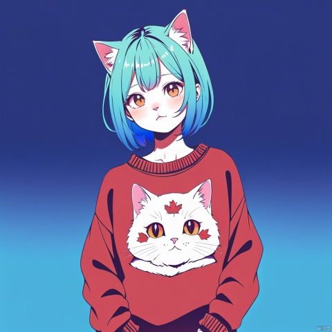  illustrator,anime,realistic,sketch,1cat,Sweater,order,Blue gradient background,Neon hair,Textured crop,Canadian,(masterpiece,best quality)