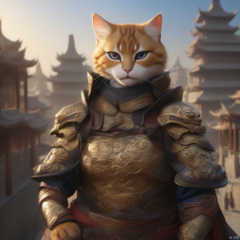 a cat,realistic,Chinese_armor,solo,Background of ancient Chinese cities,detailed_eyes,shoulder_armor,Helmet,(Black Eyes),looking at viewer,(masterpiece:1.2),(best quality:1.2),perfect eyes,perfect face,perfect lighting,(8K),(perfectanatomy),(highres),,,,