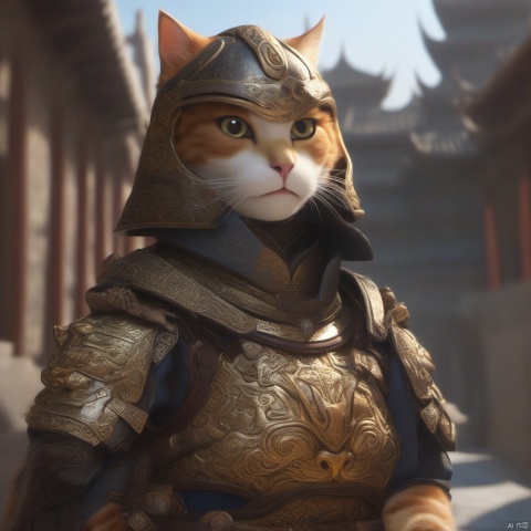 a cat,realistic,Chinese_armor,solo,Background of ancient Chinese cities,detailed_eyes,shoulder_armor,Helmet,(Black Eyes),looking at viewer,(masterpiece:1.2),(best quality:1.2),perfect eyes,perfect face,perfect lighting,(8K),(perfectanatomy),(highres),,,,