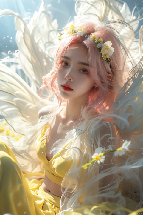  1 girl, (light yellow skirt) , multi-colored hair, pink hair, butterfly headband, white motor headset, (rape flower) , flower field, flower sea, rape flower field, yellow painting, body, lie down, navel, white transparent skin, soft light from above, masterpiece, best quality, 8k, HDR, Light master, (\meng ze\), jiqing, (\MBTI\), mjuanlian, wings