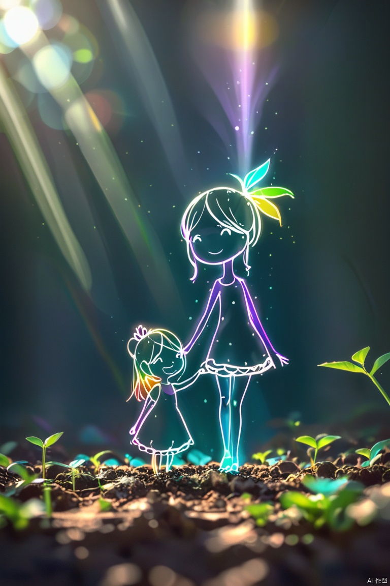  neon gradient light blue, turquoise and purple art of rainbow full body little princess and her mom on black background ,chinese, detailed linework, clear lines, bold vibrant colors, realistic forms, shading, perspective, fantasy