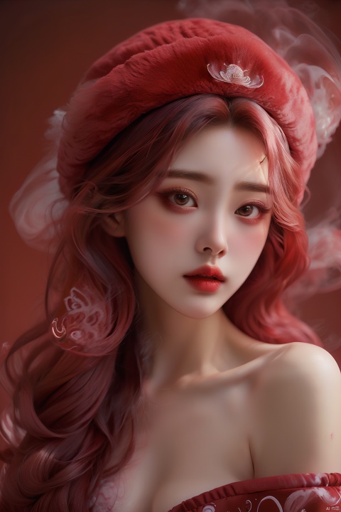  masterpiece, best quality, 1girl, red background, black hair, Long curly hair, face front, ((red fashion silk lone costume with red swirling vortexes pattern)), ((Red Plush Fur Hat)), emotional face, (close up portrait), make up, studio light, studio, (\meng ze\),流光