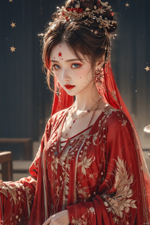  1girl, solo, long hair, looking at viewer, blue eyes, brown hair, hair ornament, dress, jewelry, upper body, earrings, hair bun, star \(symbol\), facial mark, single hair bun, forehead mark, red lips, hydress