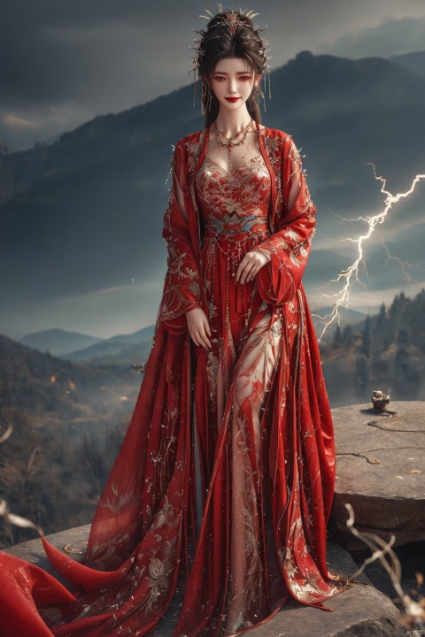  a beautiful and powerful mysterious sorceress, smile, sitting on a rock, lightning magic, hat, detailed leather clothing with gemstones, dress, castle background, digital art, hyperrealistic, fantasy, dark art, qingyi