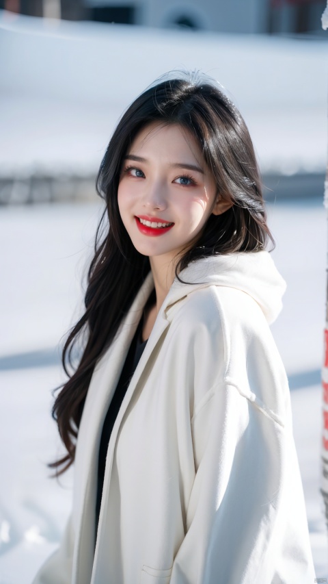  a woman,very beautiful,very pretty,20yo,skinny,detailed blue eyes,dark red lips,wind,Ice and Snow World,upper body shot,(laugh:1.4),