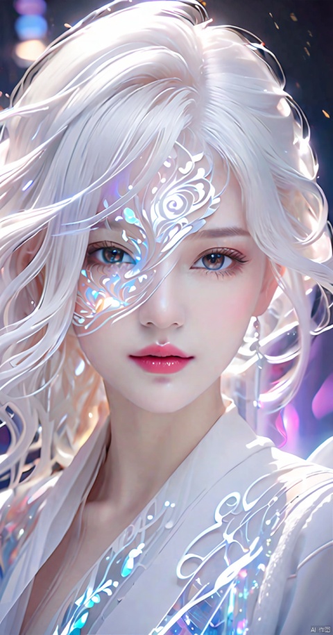 A girl with long white hair floating over her face, white one-inch shirt, lipstick, exquisite facial details, increased details, enhanced clarity, optical fiber transparent material style, abstract design, ethereal phantom, lifelike