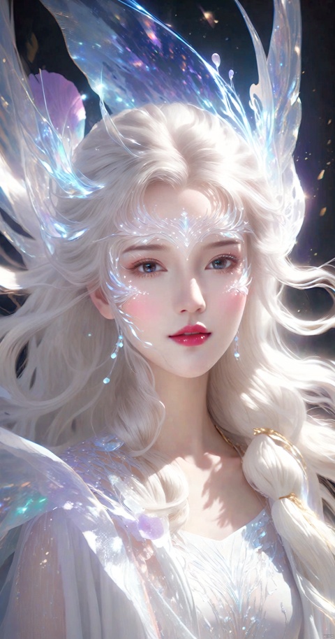 A girl with long white hair floating over her face, white one-inch shirt, lipstick, exquisite facial details, increased details, enhanced clarity, optical fiber transparent material style, abstract design, ethereal phantom, lifelike