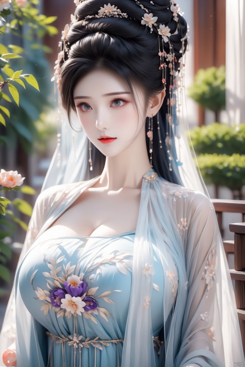 1 girl,Shining diamond earrin,embroidery,lace,Hairpin,head ornament,A garden in full bloom,scenery close by,Hanfu,chest,Plump breasts,cleavage,scenery close by,Upper body portrait,purple,yellow,red