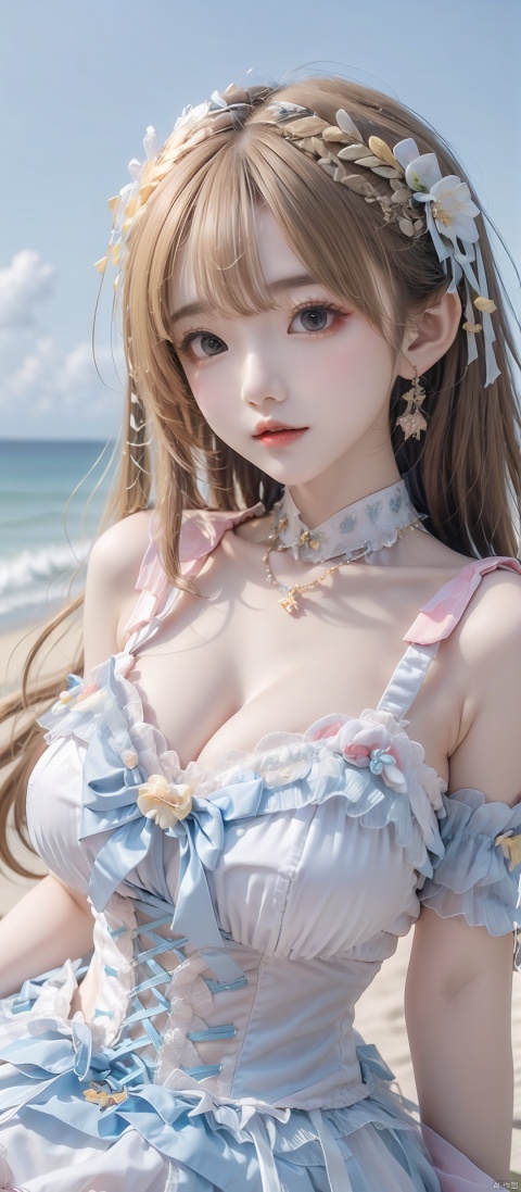  (((1 girl))), (medium breasts:), ((upper body:0.7)), half body photo, female solo, depth of field, blue earrings, blue jewelry, off-shoulder white shirt, black tight skirt, (at beach), blonde hair, photorealistic:1.3, realistic), highly detailed CG unified 8K wallpapers, (((straight from front))),shiny skin), 8k uhd, dslr, soft lighting, high quality, film grain, Fujifilm XT3, (professional lighting), nangongwan, red lips,