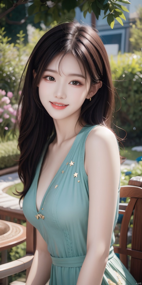  High quality, ultra detail, masterpiece, 8k, a beautiful woman standing in a fantastic garden. The woman&#039;s eyes were deep and bright, as if covered with a sea of stars. Her lips curled up into a charming smile. A woman is full of youthful energy and shows a desire for love., sunyunzhu, 1girl