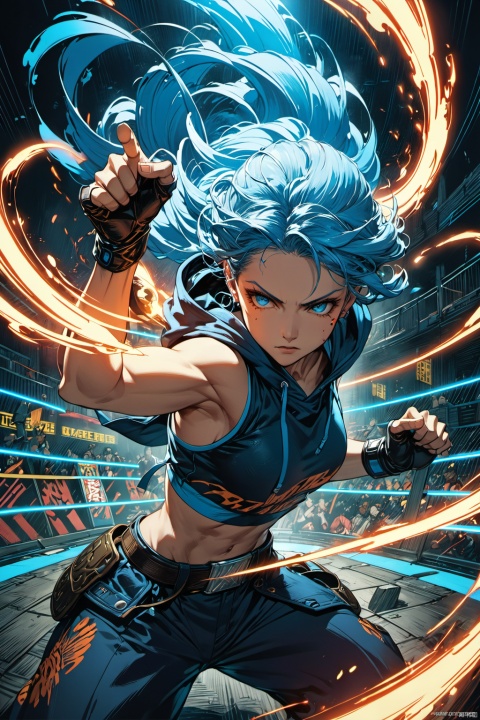 Set within the gritty confines of an urban fighting arena, a determined young woman exudes power and agility as she unleashes a series of dynamic combat maneuvers. Clad in a sleek athletic hoodie that hugs her form, she sports striking blue hair cascading down her back, contrasting boldly with her intense gaze. Her hands are adorned with fingerless black leather gloves, adding a touch of fierceness to her fighting style.

In this 8K high-definition wallpaper, the scene is richly detailed, with the dimly lit arena pulsating with energy as spectators cheer from the shadows. Neon lights cast dramatic hues across the scene, illuminating the grit and determination etched on the fighter's face. With each punch and kick, waves of power emanate from her, creating an aura of unstoppable force.

This CG artwork captures the essence of a classic arcade-style fighting game, with the protagonist poised to conquer any challenger in her path.