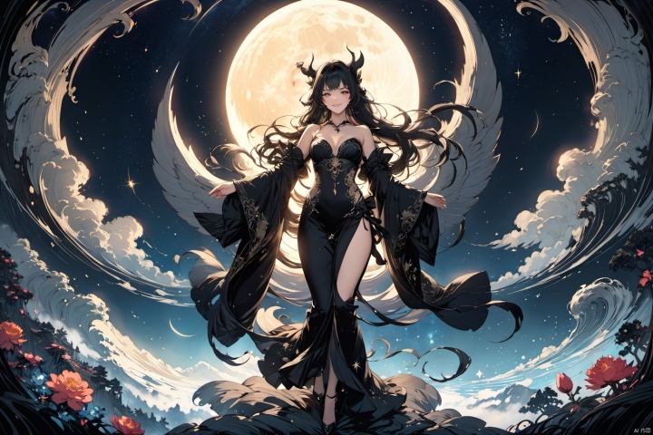 ultra-detailed,(best quality),((masterpiece)),(highres),original,extremely detailed 8K wallpaper,(an extremely delicate and beautiful),anime,  (full body  , solo), black  theme, 

An epic fantasy illustration featuring a succubus with striking long hair and captivating eyes, enchanting all who behold her with a mesmerizing smile. The scene is set against a starlit sky with a crescent moon, bathed in cinematic lighting effects to enhance the storytelling ambiance. Drawing inspiration from the vibrant and unique character designs of Yoshitaka Amano, the artwork showcases a colorful palette, intricate background details, dynamic composition, and rich emotional expressions that bring the character to life.