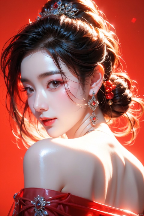  solo,  1 girl,(red light effect),hair ornament,jewelry,looking at viewer, (\meng ze\), wangyushan, dofas,upper_body  , Hands behind back  , light smile,     perfect lighting,  simple_background, white background, 






