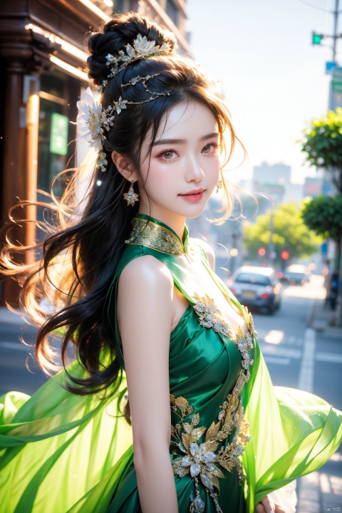  solo,  1 girl,(green light effect),hair ornament,jewelry,looking at viewer, (\meng ze\), wangyushan, dofas,cowboy  shot , Hands behind back  , light smile,  depth of field, day , outdoors, cityscape, detailed_background, 






