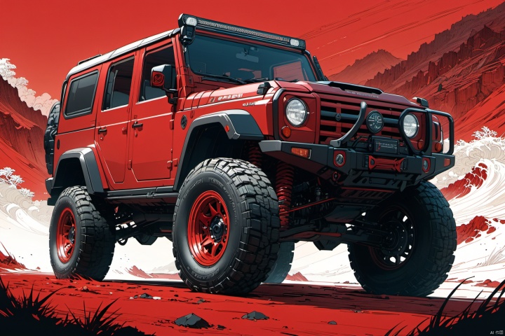 ultra-detailed,(best quality),((masterpiece)),(highres),original,extremely detailed 8K wallpaper,(an extremely delicate and beautiful),anime,detail face and eyes, perfect hands, (Cowboy shot , solo),  Black and Red Theme, 

An anime illustration featuring an off-road vehicle, the Eastern Warrior, set against a simple solid color background with no human figures. The composition is flawless, showcasing intricate details of the vehicle. The lighting effects are at their peak, highlighting the dynamic and powerful presence of the Eastern Warrior. The overall atmosphere is intense and captivating.