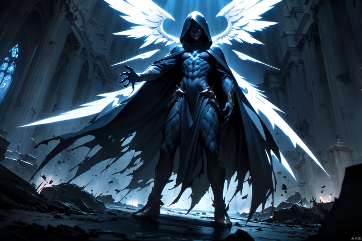  (masterpiece, best quality, HD, HDR, 8k, 4k, absurdres), blue theme, 
In a game CG cinematic scene, an epic showdown unfolds between the Angel of Light and the Demon of Darkness. The atmosphere is charged with conflict as energy crackles and surges between them, creating a dynamic and intense visual spectacle. The Angel, with radiant wings and a serene expression, embodies purity and righteousness, while the Demon, cloaked in shadows and with piercing red eyes, exudes malevolence and power. The lighting is cinematic, casting dramatic highlights and shadows, enhancing the tension of the confrontation. The scene is rendered in stunning 8K high definition, capturing every intricate detail of their faces and eyes, conveying the depth of emotion and determination in their gaze.