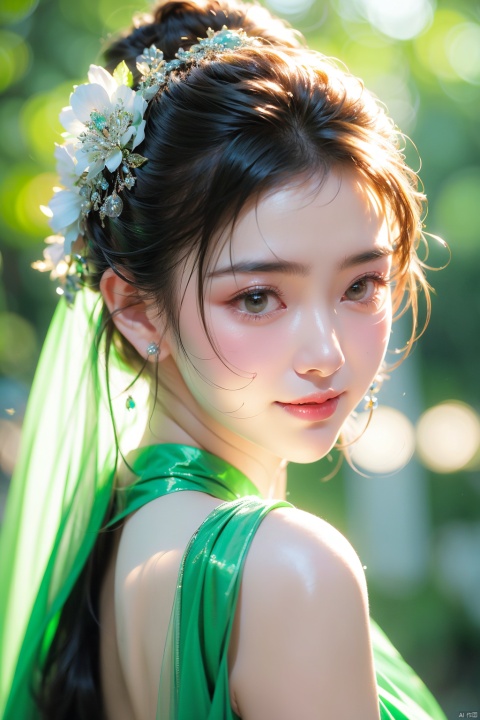  solo,  1 girl,(green light effect),hair ornament,jewelry,looking at viewer, (\meng ze\), wangyushan, dofas,close up , light smile,  depth of field, outdoors, cityscape, detailed_background, 




