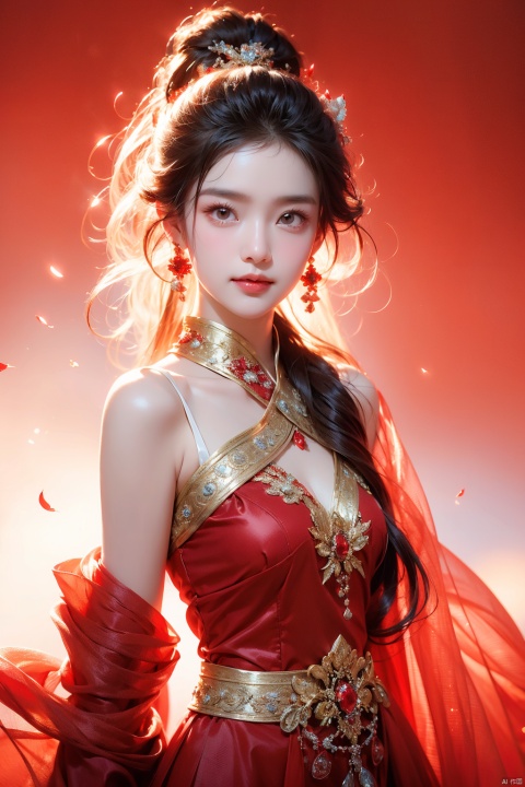  solo,  1 girl,(red light effect),hair ornament,jewelry,looking at viewer, (\meng ze\), wangyushan, dofas,cowboy  shot , Hands behind back  , light smile,     perfect lighting,  simple_background, white background, 






