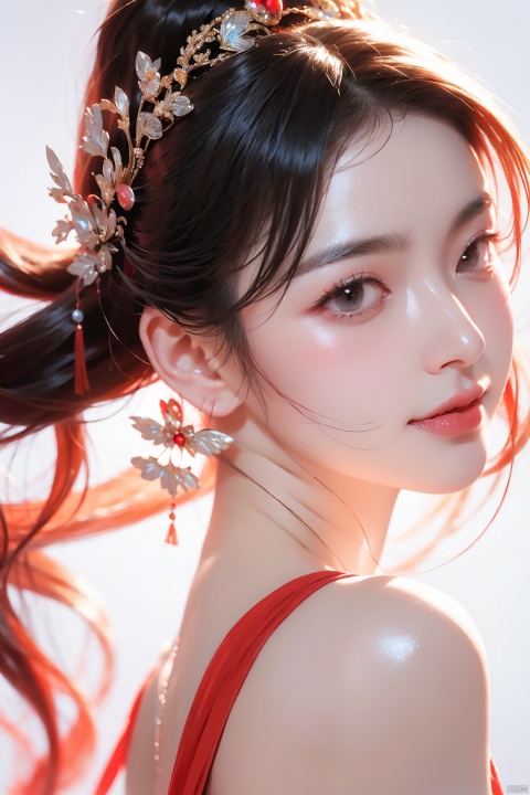  solo,  1 girl,(red light effect),hair ornament,jewelry,looking at viewer, (\meng ze\), wangyushan, dofas,close up  , Hands behind back  , light smile,     perfect lighting,  simple_background, white background, 






