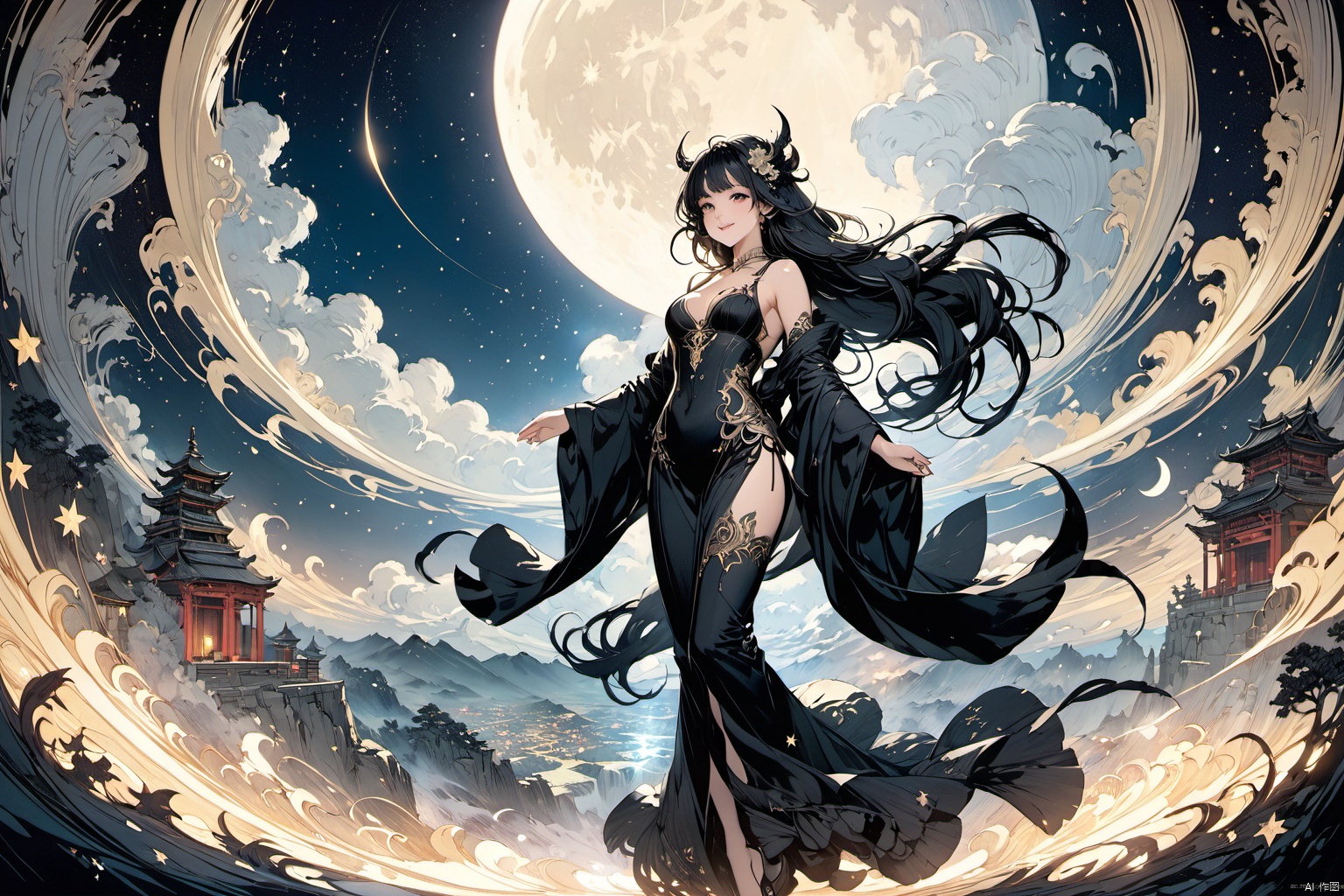 ultra-detailed,(best quality),((masterpiece)),(highres),original,extremely detailed 8K wallpaper,(an extremely delicate and beautiful),anime,  (full body  , solo), black  theme, 

An epic fantasy illustration featuring a succubus with striking long hair and captivating eyes, enchanting all who behold her with a mesmerizing smile. The scene is set against a starlit sky with a crescent moon, bathed in cinematic lighting effects to enhance the storytelling ambiance. Drawing inspiration from the vibrant and unique character designs of Yoshitaka Amano, the artwork showcases a colorful palette, intricate background details, dynamic composition, and rich emotional expressions that bring the character to life.