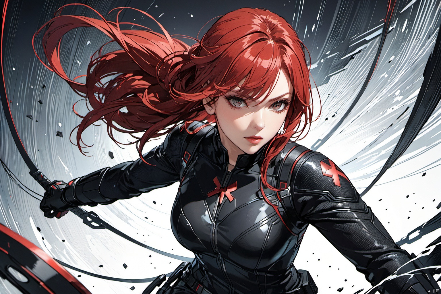  ultra-detailed,(best quality),((masterpiece)),(highres),original,extremely detailed 8K wallpaper,(an extremely delicate and beautiful),anime, (close up ,  solo:1.3), 

A dynamic illustration of Marvel's heroine Black Widow, clad in her sleek combat suit, exuding a focused and resolute demeanor. Her movements are powerful yet graceful, as if poised for imminent combat. The background is predominantly dark, accentuating her silhouette. Vibrant details such as her red hair and metallic gear add dynamism and tension to the scene. The overall composition is balanced and dramatic, evoking a sense of Black Widow's bravery and determination. This illustration is sure to resonate strongly with viewers, showcasing the unique charm of this member of the Avengers.