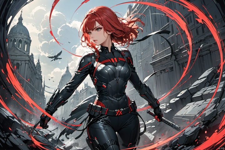  ultra-detailed,(best quality),((masterpiece)),(highres),original,extremely detailed 8K wallpaper,(an extremely delicate and beautiful),anime, (Cowboy shot ,  solo:1.3), 

A dynamic illustration of Marvel's heroine Black Widow, clad in her sleek combat suit, exuding a focused and resolute demeanor. Her movements are powerful yet graceful, as if poised for imminent combat. The background is predominantly dark, accentuating her silhouette. Vibrant details such as her red hair and metallic gear add dynamism and tension to the scene. The overall composition is balanced and dramatic, evoking a sense of Black Widow's bravery and determination. This illustration is sure to resonate strongly with viewers, showcasing the unique charm of this member of the Avengers.