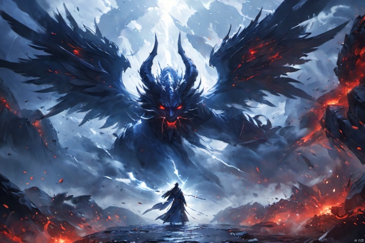  (masterpiece, best quality, HD, HDR, 8k, 4k, absurdres), Indigo theme, In a game CG cinematic scene, an epic showdown unfolds between the Angel of Light and the Demon of Darkness. The atmosphere is charged with conflict as energy crackles and surges between them, creating a dynamic and intense visual spectacle. The Angel, with radiant wings and a serene expression, embodies purity and righteousness, while the Demon, cloaked in shadows and with piercing red eyes, exudes malevolence and power. The lighting is cinematic, casting dramatic highlights and shadows, enhancing the tension of the confrontation. The scene is rendered in stunning 8K high definition, capturing every intricate detail of their faces and eyes, conveying the depth of emotion and determination in their gaze., ananmo
