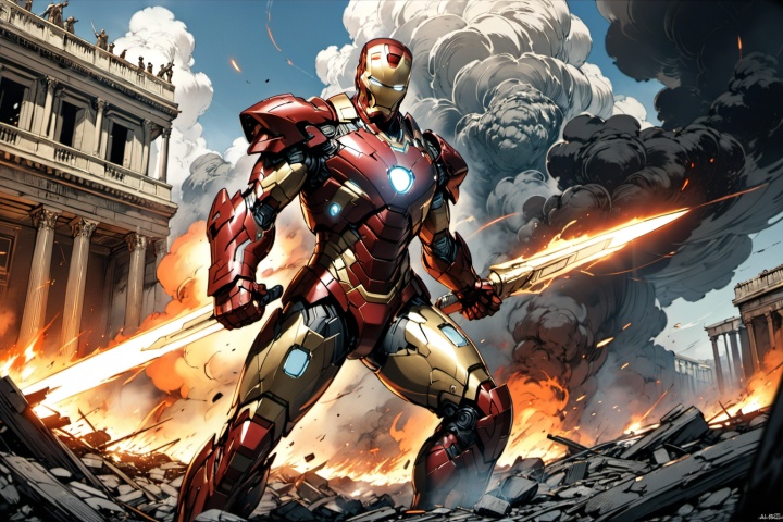  ultra-detailed,(best quality),((masterpiece)),(highres),original,extremely detailed 8K wallpaper,(an extremely delicate and beautiful),anime, (solo:1.3), 

During the daytime on a desolate battlefield, the Marvel hero Iron Man engages in an intense conflict. Clad in his shiny red and gold battle armor, Iron Man sports a resolute expression, wielding an energy weapon in preparation to confront the enemy. The background features burning ruins and a sky filled with billowing smoke, depicting the harshness and desolation of war. The composition showcases Iron Man's powerful and determined stance, with exquisite background details, a rich and vibrant color palette, brimming with energy and emotion, allowing viewers to almost feel the tense atmosphere of the battlefield and the fearless spirit of the hero. This scene captures the essence of a gritty and intense battle, reminiscent of the visual storytelling style of director Christopher Nolan, known for his dark and immersive cinematic experiences.