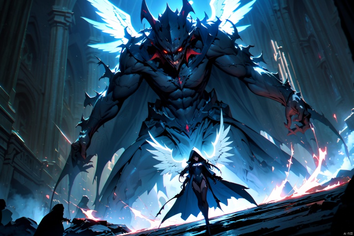  (masterpiece, best quality, HD, HDR, 8k, 4k, absurdres), blue theme, 
In a game CG cinematic scene, an epic showdown unfolds between the Angel of Light and the Demon of Darkness. The atmosphere is charged with conflict as energy crackles and surges between them, creating a dynamic and intense visual spectacle. The Angel, with radiant wings and a serene expression, embodies purity and righteousness, while the Demon, cloaked in shadows and with piercing red eyes, exudes malevolence and power. The lighting is cinematic, casting dramatic highlights and shadows, enhancing the tension of the confrontation. The scene is rendered in stunning 8K high definition, capturing every intricate detail of their faces and eyes, conveying the depth of emotion and determination in their gaze.