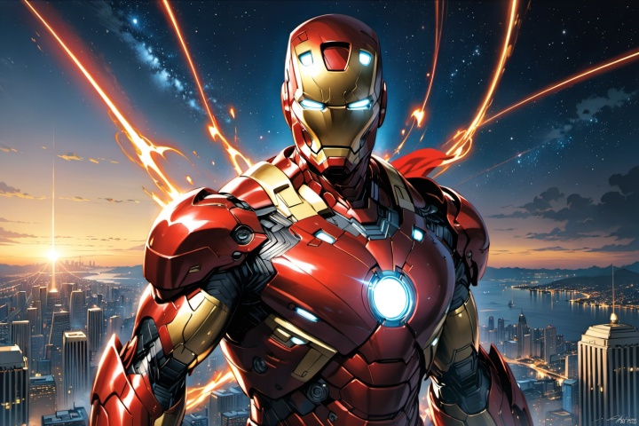  ultra-detailed,(best quality),((masterpiece)),(highres),original,extremely detailed 8K wallpaper,(an extremely delicate and beautiful),anime, (solo:1.3), 

A dynamic portrait of the Marvel hero Iron Man in his shiny red and gold armor, with the glowing arc reactor on his chest radiating light. His eyes are determined and wise, set against a backdrop of a futuristic cityscape at night, illuminated by dazzling lights and a sparkling starry sky. Iron Man's expression exudes confidence and determination as he wields an energy weapon, showcasing extraordinary power and courage. The composition is skillful, with a strong sense of movement, and the overall atmosphere is vibrant and emotional, capturing the heroic image of Iron Man as a superhero. This artwork is reminiscent of the work of artist Alex Ross, known for his realistic and iconic portrayals of superheroes.