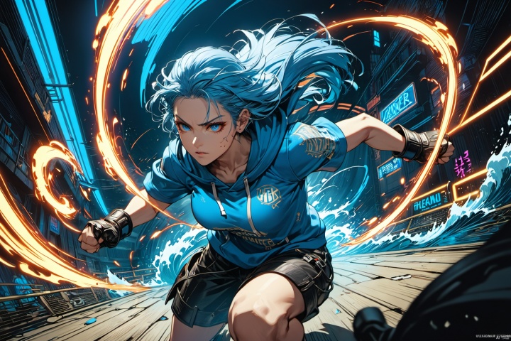 Set within the gritty confines of an urban fighting arena, a determined young woman exudes power and agility as she unleashes a series of dynamic combat maneuvers. Clad in a sleek athletic hoodie that hugs her form, she sports striking blue hair cascading down her back, contrasting boldly with her intense gaze. Her hands are adorned with fingerless black leather gloves, adding a touch of fierceness to her fighting style.

In this 8K high-definition wallpaper, the scene is richly detailed, with the dimly lit arena pulsating with energy as spectators cheer from the shadows. Neon lights cast dramatic hues across the scene, illuminating the grit and determination etched on the fighter's face. With each punch and kick, waves of power emanate from her, creating an aura of unstoppable force.

This CG artwork captures the essence of a classic arcade-style fighting game, with the protagonist poised to conquer any challenger in her path.