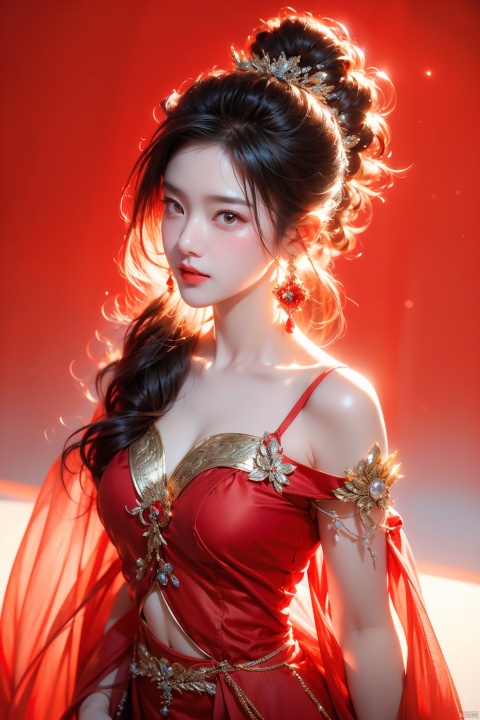  solo,  1 girl,(red light effect),hair ornament,jewelry,looking at viewer, (\meng ze\), wangyushan, dofas,cowboy  shot , Hands behind back  , light smile,     perfect lighting,  simple_background, white background, 







