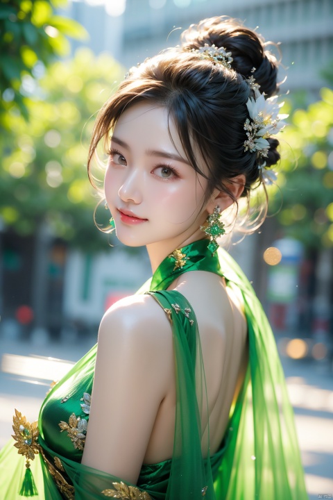  solo,  1 girl,(green light effect),hair ornament,jewelry,looking at viewer, (\meng ze\), wangyushan, dofas,close up , light smile,  depth of field, outdoors, cityscape, detailed_background, 




