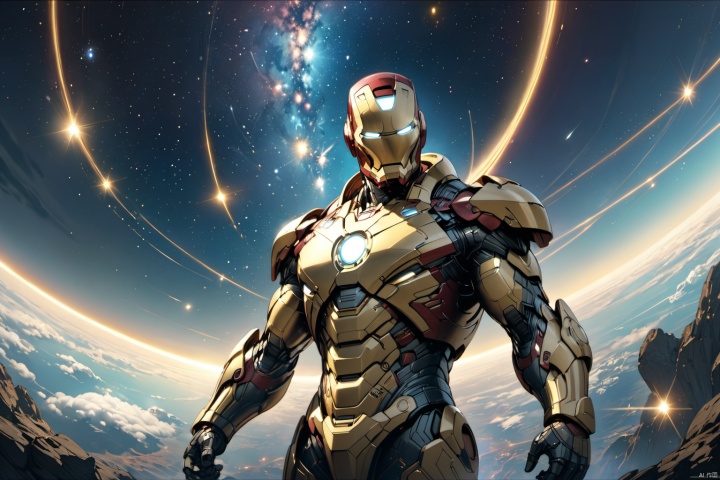  ultra-detailed,(best quality),((masterpiece)),(highres),original,extremely detailed 8K wallpaper,(an extremely delicate and beautiful),anime, (solo:1.3), 

Clad in a brand new black and gold armor, the Marvel hero Iron Man pilots a spacecraft through the dazzling expanse of the cosmic starry sky. Iron Man's expression is confident and resolute, set against a backdrop of a spectacular and vibrant starry sky. The composition is well-balanced and brimming with energy and emotion. The unique design of the black and gold armor, with its vibrant colors, showcases extraordinary technological charm, presenting viewers with a visual feast. This scene captures the essence of a high-tech superhero exploring the wonders of the universe, reminiscent of the futuristic and visually stunning style of artist Moebius, known for his intricate and imaginative sci-fi illustrations.