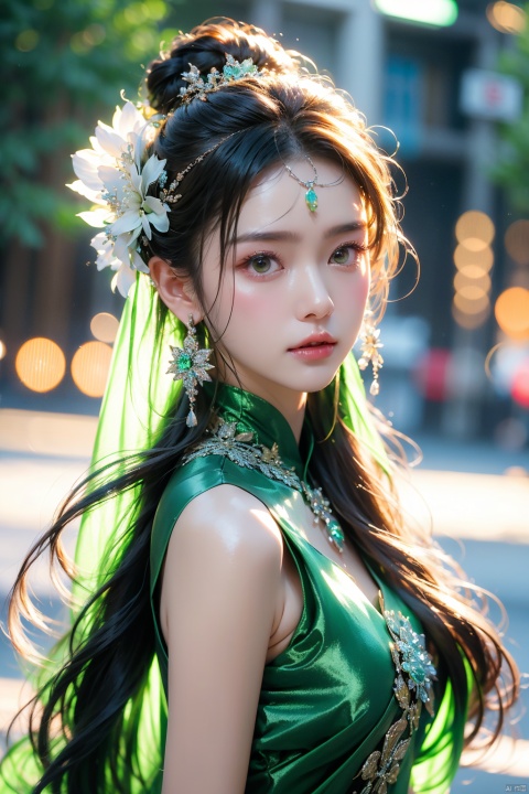  solo,  1 girl,(green light effect),hair ornament,jewelry,looking at viewer, (\meng ze\), wangyushan, dofas,upper_body,  depth of field, outdoors, cityscape, detailed_background, 

