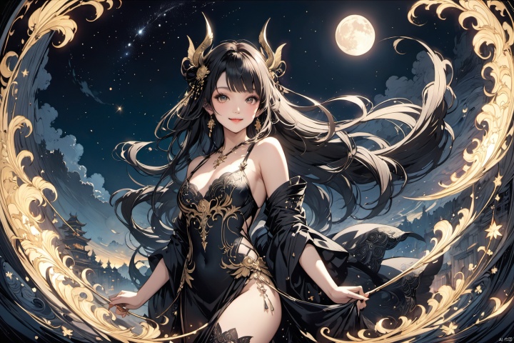 ultra-detailed,(best quality),((masterpiece)),(highres),original,extremely detailed 8K wallpaper,(an extremely delicate and beautiful),anime,  (cowboy shot  , solo), black  theme, 

An epic fantasy illustration featuring a succubus with striking long hair and captivating eyes, enchanting all who behold her with a mesmerizing smile. The scene is set against a starlit sky with a crescent moon, bathed in cinematic lighting effects to enhance the storytelling ambiance. Drawing inspiration from the vibrant and unique character designs of Yoshitaka Amano, the artwork showcases a colorful palette, intricate background details, dynamic composition, and rich emotional expressions that bring the character to life.